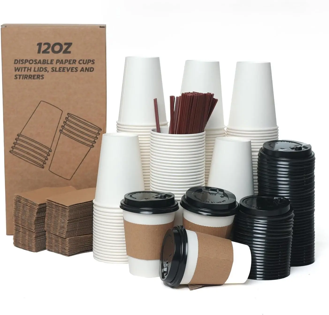 

100 Pack Paper Coffee Cups Set, 12oz White Disposable Cups with Black Lids, Sleeves, and Stirrers, Hot/Cold Drinks Cup f