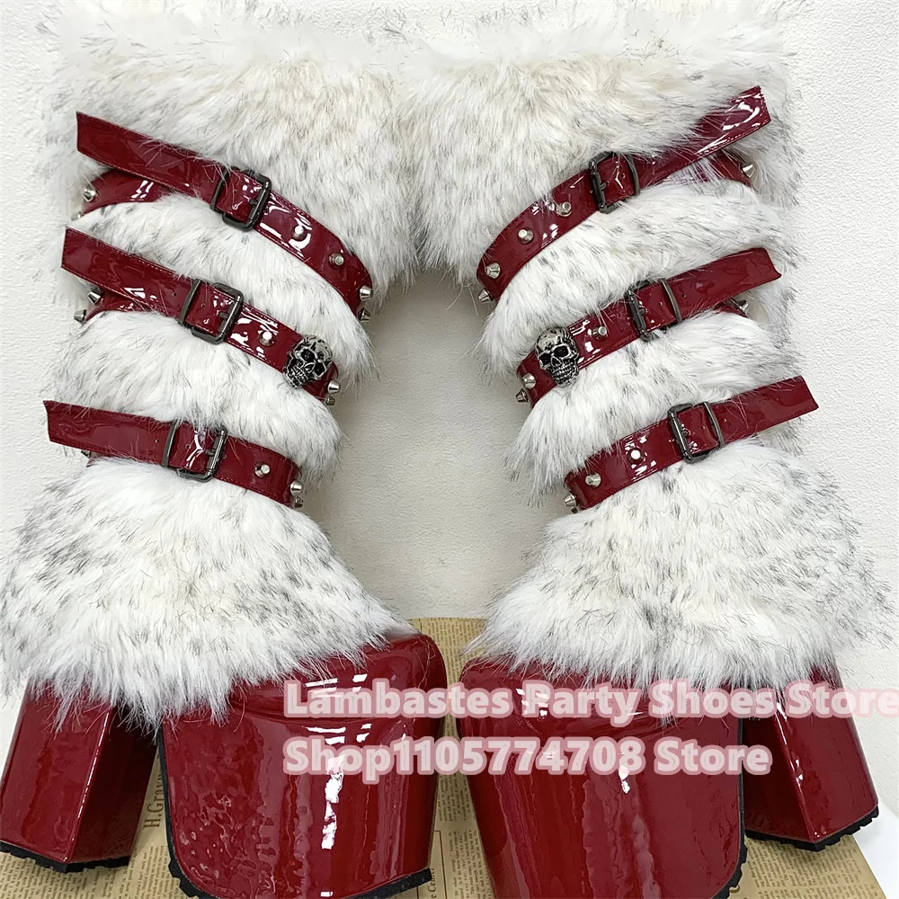 Red Patent Leather Punk Belt Buckle Rivet Decoration Sponge Cake Thick Bottom Thick Heel Winter New Warm Furry Knee High Boot