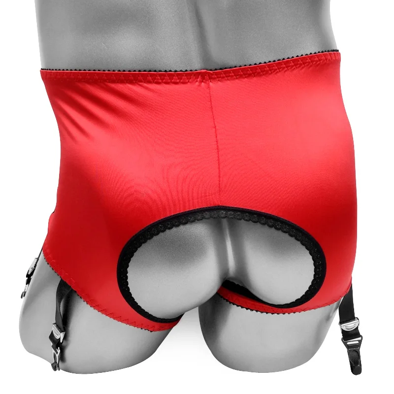 Sissy Lingerie for Men High Waist Satin Garter Panties 6 Clips Open Crotch Open Back Lace Crossdresser Underwear CD