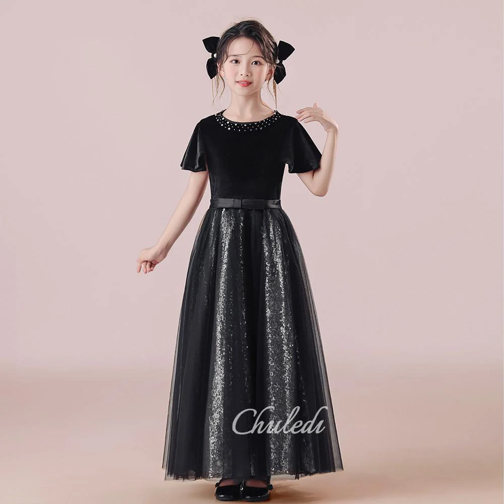 Girls' dress black velvet round neck sequined mesh skirt with floor-length lotus leaf sleeves