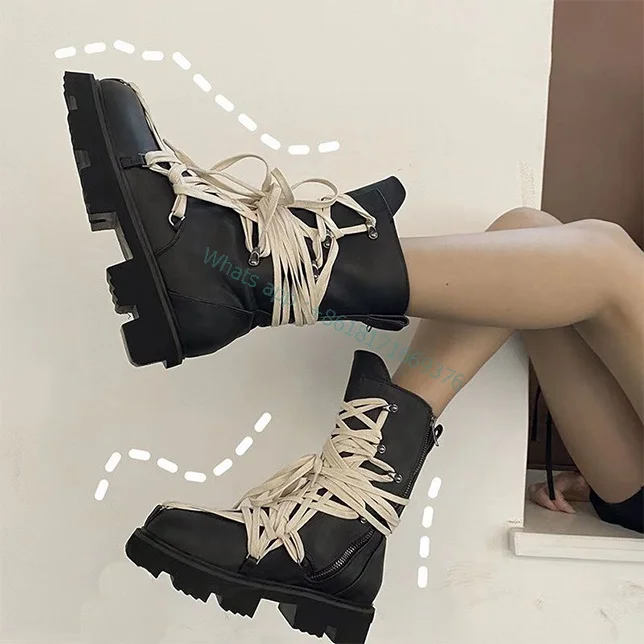 

Design Round Toe Punk Cross Strap Ankle Boots Women Thick Soles Street Black Boots Lady Evening Shoes Dress Girl 2022