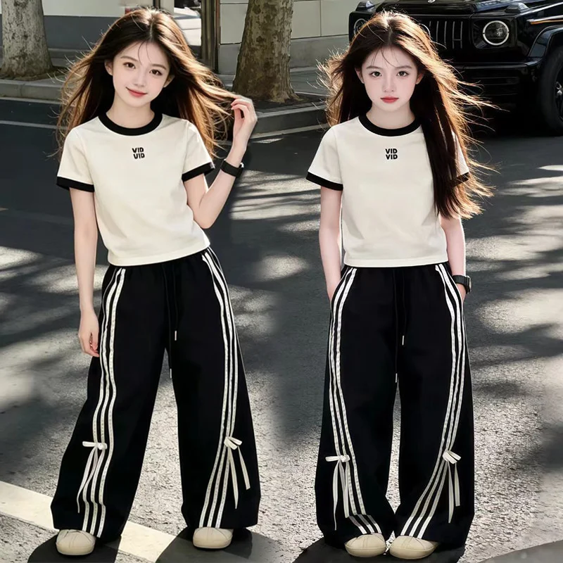 Girls Summer Sweet Stripe Set 5-14 Years Fashion Short Sleeves Top +Bowknot Wide-leg Pants 2-Piece for Kids Casual Sports Outfit