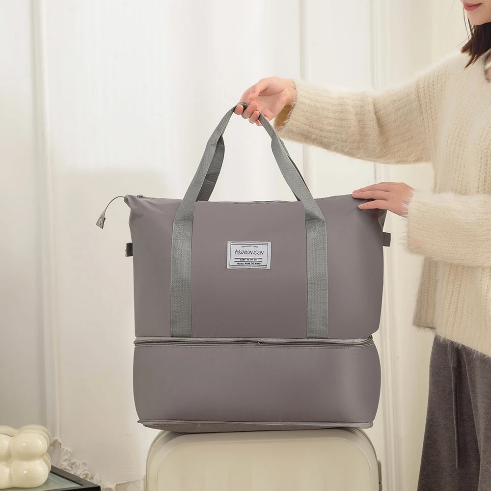 Modische, faltbare, großvolumige, doppellagige Reisetasche; Gepäckaufbewahrungstasche, multifunktionale Handtasche; leichte, tragbare, erweiterbare Mutterschaftstasche; einfarbige, unisex Sporttasche mit Trocken- und N – Detail 4