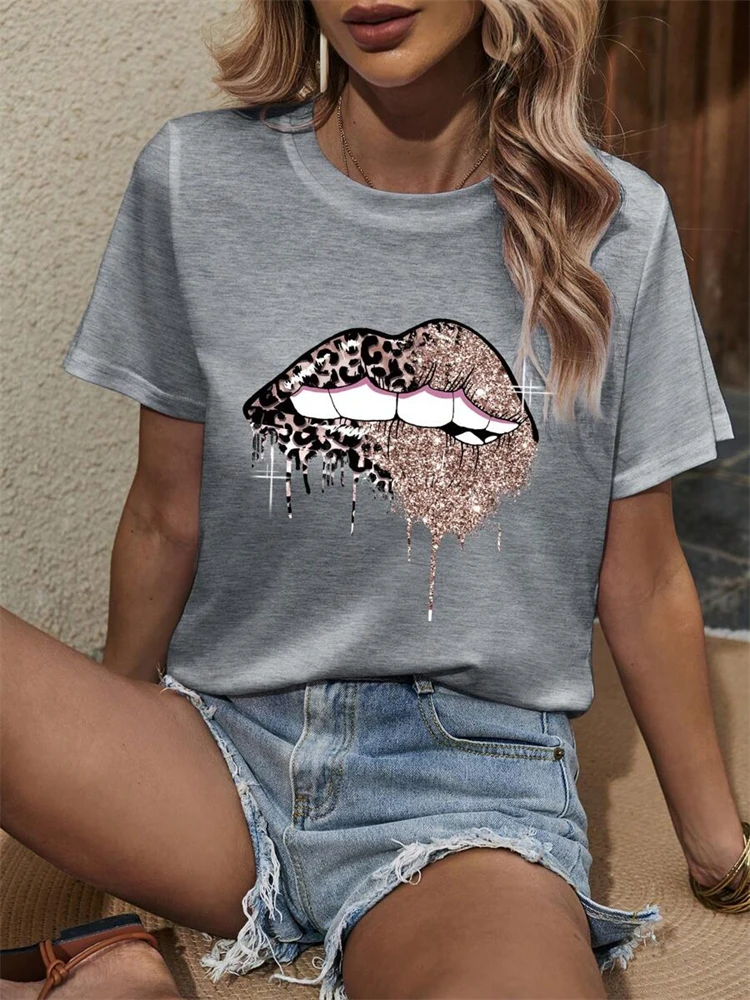 3D Leopard Lip Print Women's Fashion T-shirt Summer Daily Casual Women's Short-sleeved Top Urban Street Women's Elegant Top