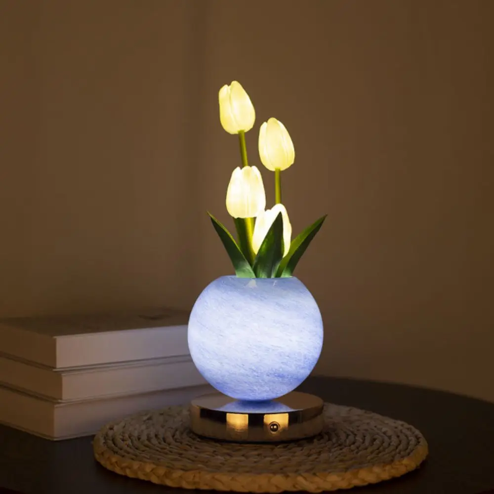 USB Rechargeable Tulip LED Night Light 3-Color Changing LED Light Source USB Rechargeable Desk Lamp Artificial Flower Design