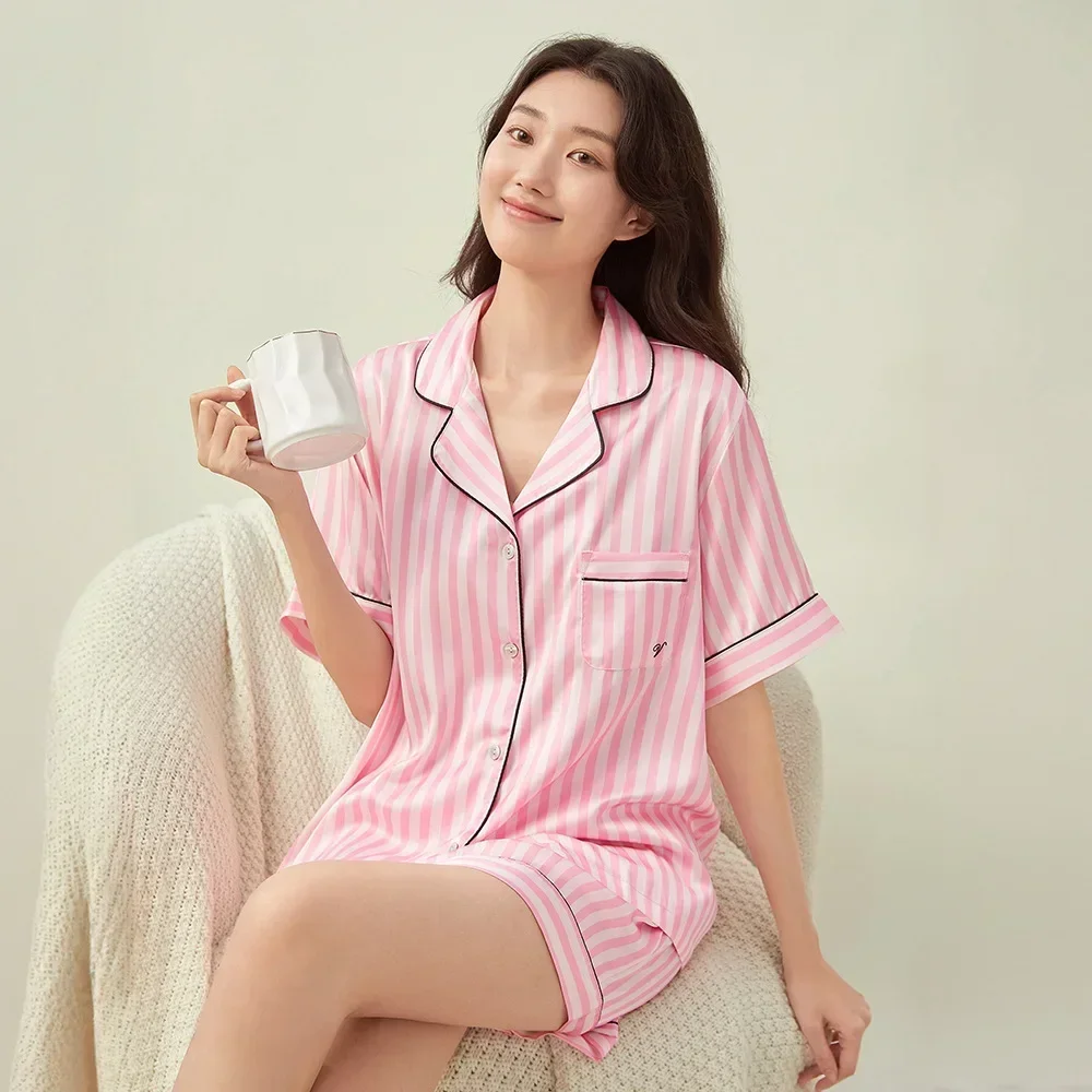 Secret The same lapel striped jacquard pajamas for women's short-sleeved shorts Ice silk suit loungewear