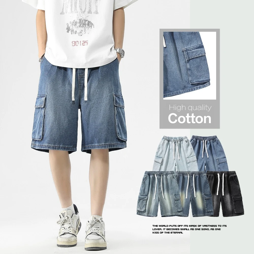 

Summer Men's Loose Straight Denim Shorts Casual Elastic Waist Washed Cargo Jeans Mid-Length Short Pants Overalls Multi-pocket