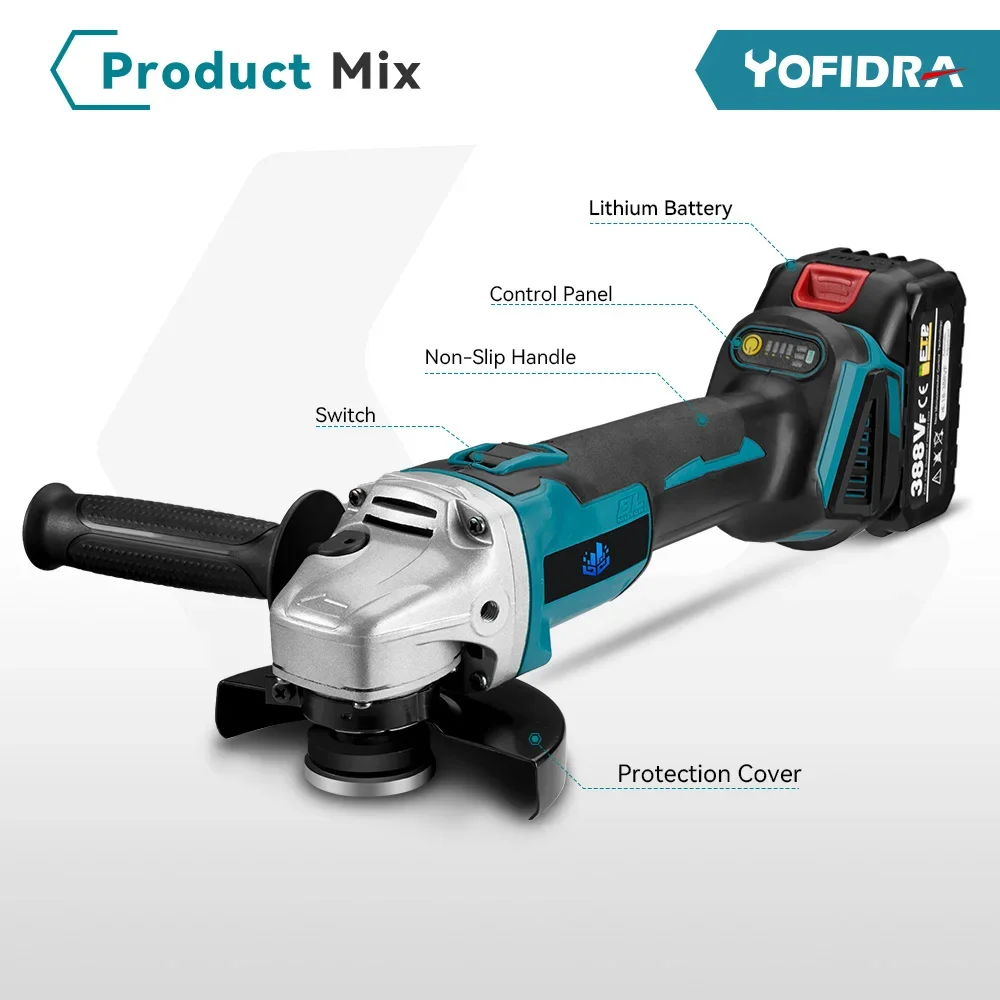 Yofidra 125mm Brushless Angle Grinder 4 Gears Cordless Grinding Machine Cutting Woodworking Power Tool For Makita 18V Battery