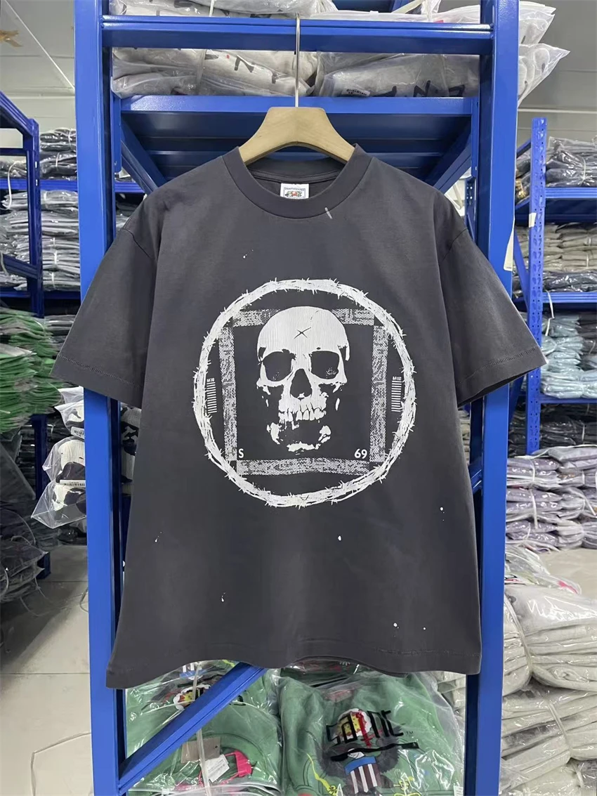

SAINT Circular Skull Pattern Printed Washed Retro Trendy T-shirt Cotton Vintage Casual Round Neck Street Oversize Short Sleeve