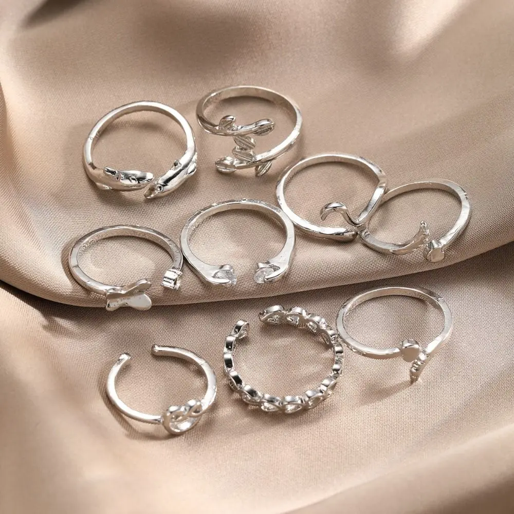 Exquisite Vintage Heart Toe Rings Opening Alloy Butterfly Foot Ring Set Bohemian Overlay Crystal Finger Ring Girls