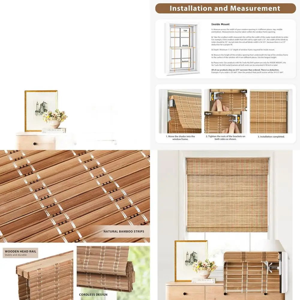 

Беспроводные бамбуковые римские шторы, 30x64, светофильтрация, закатанная обработка окон, коричневый