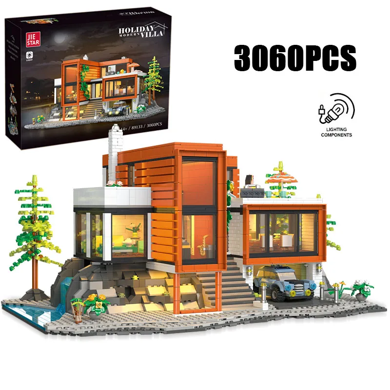 3060PCS Creative Luxury Vacation Villa Model Building Blocks With LED Light Construction Bricks Toy The Perfect Gift For Family
