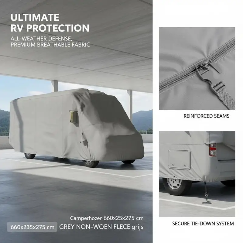 Wohnmobil-Schutzhülle 660 x 235 x 275 cm, atmungsaktive, mehrlagige Vliesstoff-Abdeckung, verstellbares Winddicht-Design mit seitlichen Reißverschlüssen, Schutz vor Außenverunreinigungen, einfache