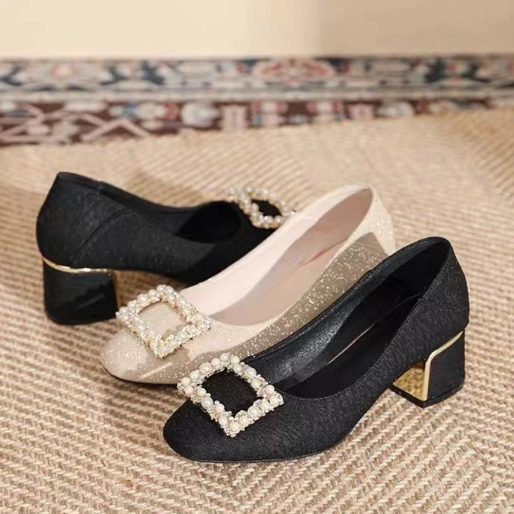 Fashion Women High Heels Black Mules Heels Women Chunky Rhinestone Elegant Shoes Party Wedding Woman Pumps Plus Size Women Shoes