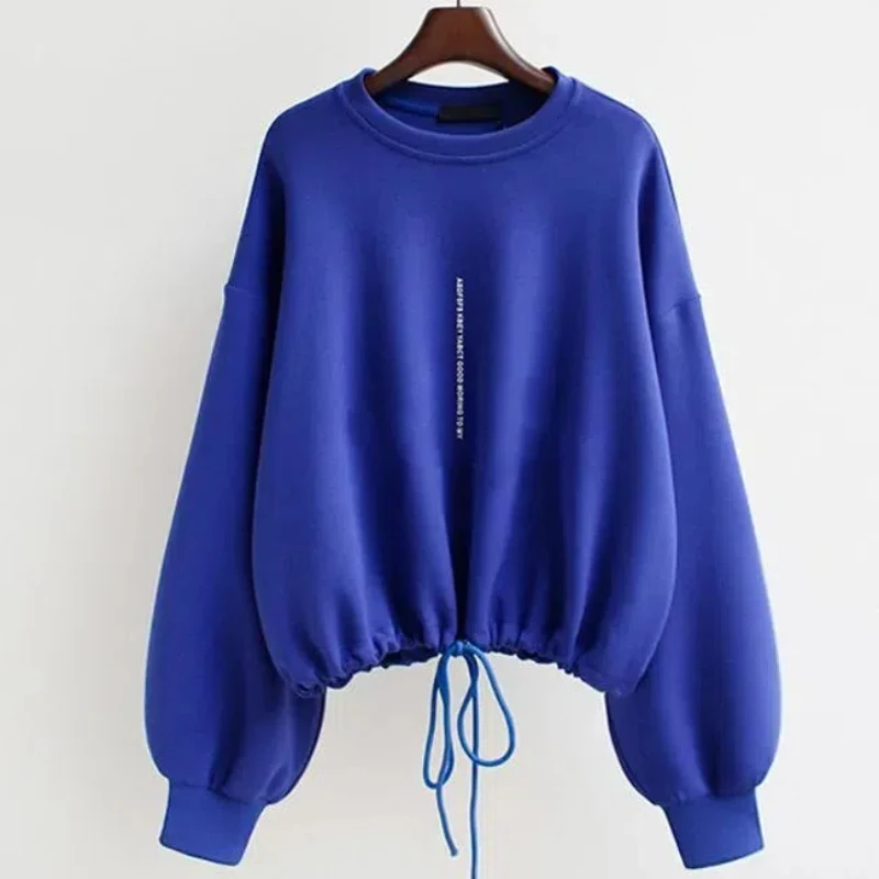 Simplicity Casual Autumn New Solid Women\'s O-Neck Letter Drawstring Fashion Casual Loose Long Sleeve Sweatshirts Pullovers Tops