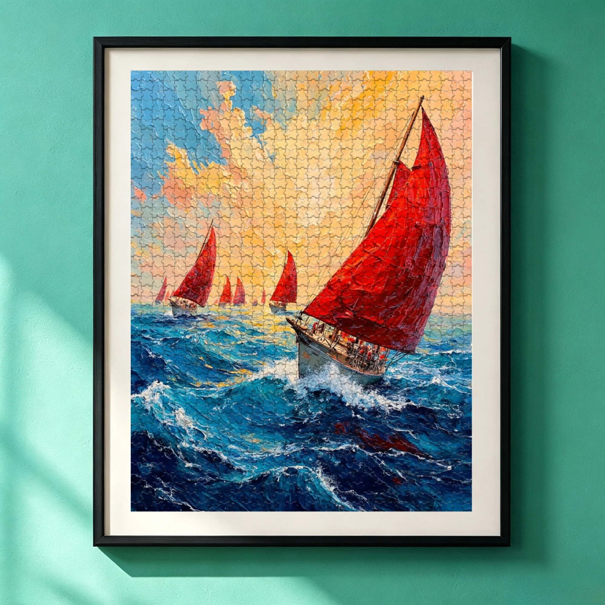 Red Sail Fleet Ocean Wave Wooden Jigsaw Puzzle 300/500/1000 Piece Sailing Boat Sunset Seascape Oil Painting Art Board DIY Home Decor Gift for Adults