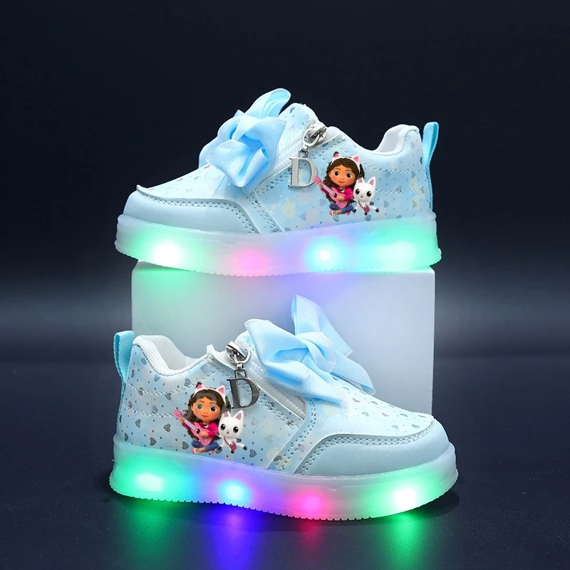 Sapatos Gabby's Dollhouse com luzes LED para meninas, tênis de couro à prova d'água com fivela giratória, sapatos casuais de princesa