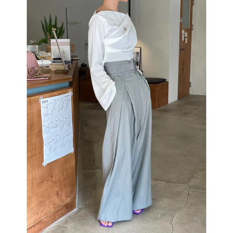 Niche design, three-dimensional waist, loose waist, slimming, wide-legged, draped high-waisted slacks