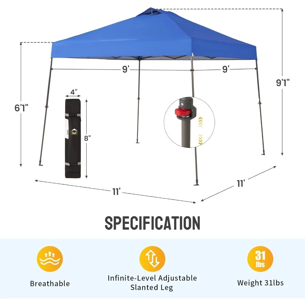 مظلة منبثقة - خيمة شاطئ قاعدة مقاس 11 × 11 مع إعداد دفع واحد - خيمة منبثقة للمناسبات والحفلات والتخييم - شرفة مع حقيبة بعجلات