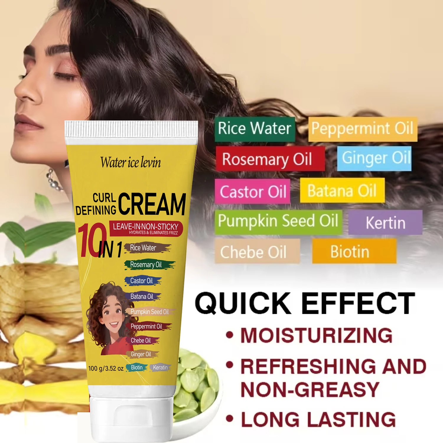 10-in-1 Curl Defining Cream | Leave-In Non-Sticky Formula with Rice Water & Rosemary Oil | Smooths & Eliminates Frizz