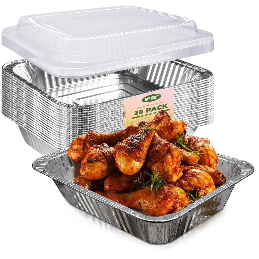 

Алюминиевые формы 9x13 с крышками, 20 штук, одноразовые, из фольги, с прозрачными крышками, глубокие, увеличенной прочности, для еды