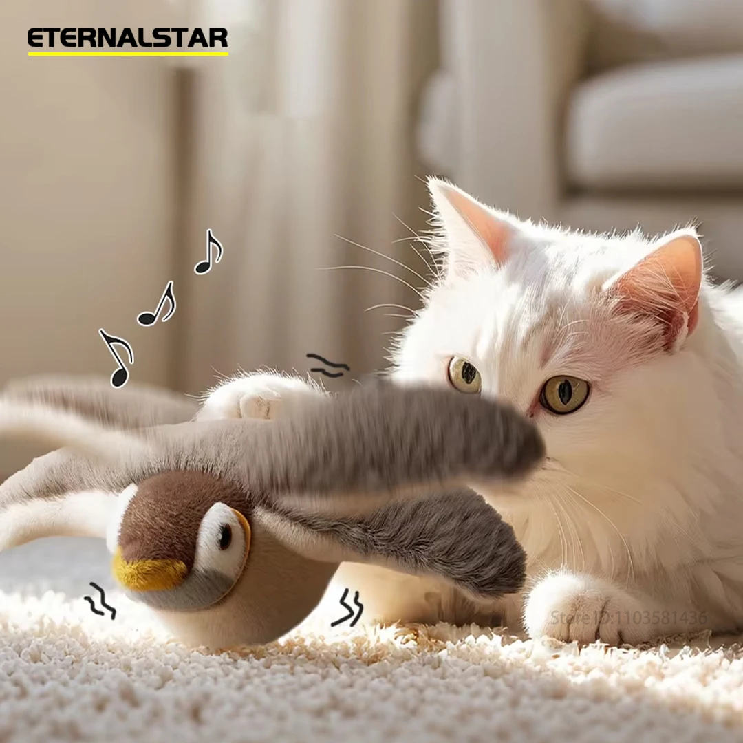 Interactive USB Rechargeable Flapping Bird Cat Toy with Catnip Touch-Activated Squeaky Plush Simulated Chirping Sound for Kitten