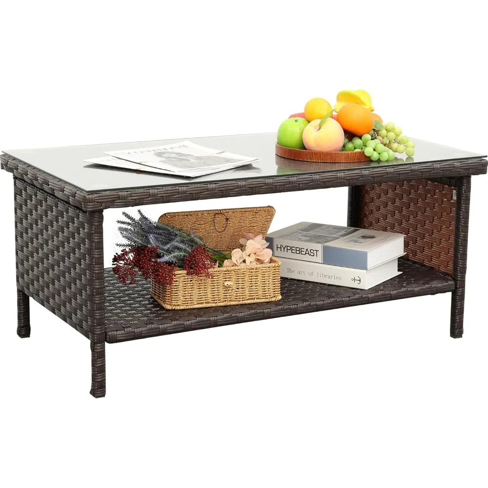 

Outdoor Wicker Coffee Table Patio Furniture Garden Rattan 2-Layer Glass Table with Storage and Furniture Cover