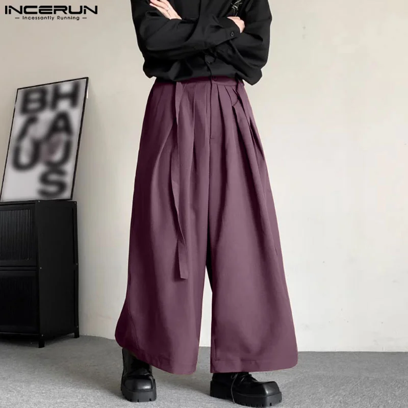

INCERUN мужские брюки однотонные джоггеры на пуговицах на шнуровке свободные прямые брюки мужская уличная одежда 2025 модные повседневные широкие брюки