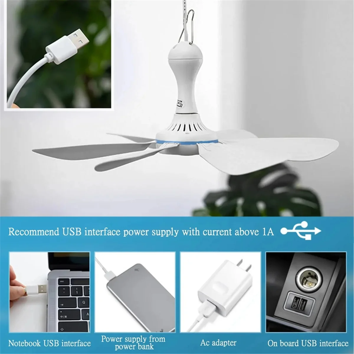 Silent 6 Leaves USB Powered Ceiling Canopy Fan with Remote Control Timing 4 Speed Hanging Fan for Camping Bed Dormitory