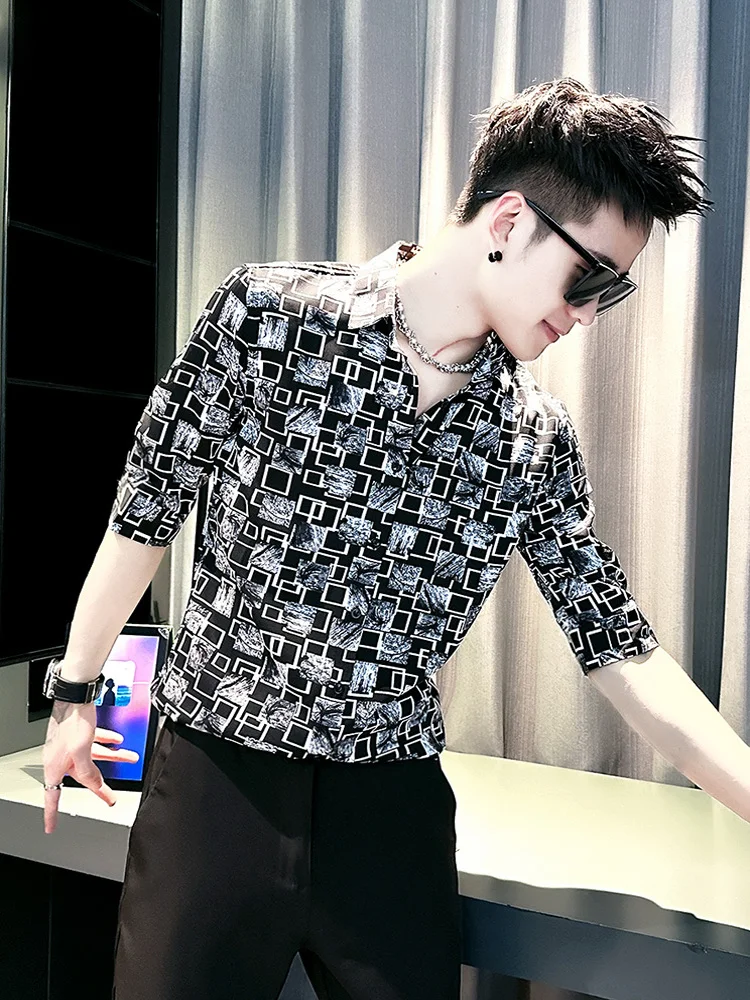 

Bla Ice Silk Men's irt Summer Sle Trendy Haome Middle Sve Breathable Thin Material arp Collar Regular Length