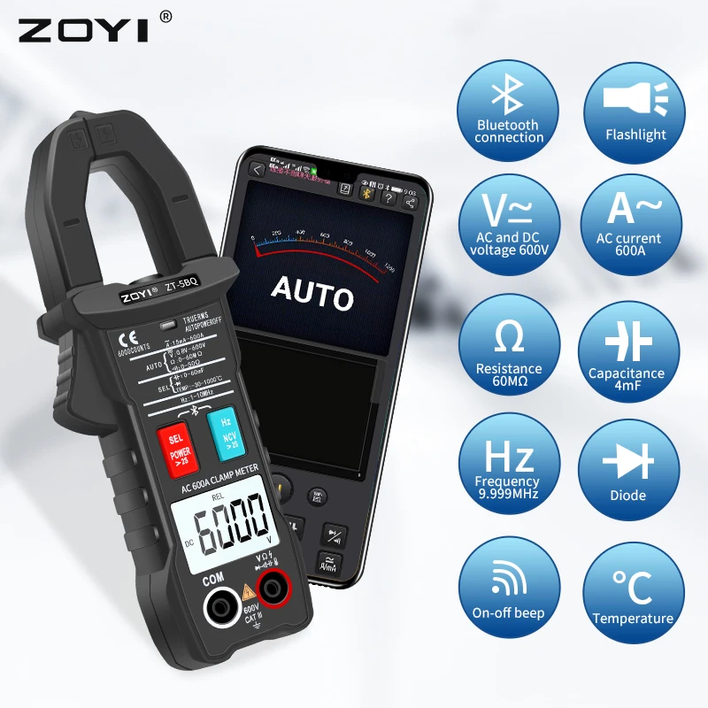 Zoyi Amperímetro Auto Rang Capacitor Ncv te Digital Clamp Meter Zt5bq Tecnologia sem Fio Multímetro Inteligente True Rms Voltímetro