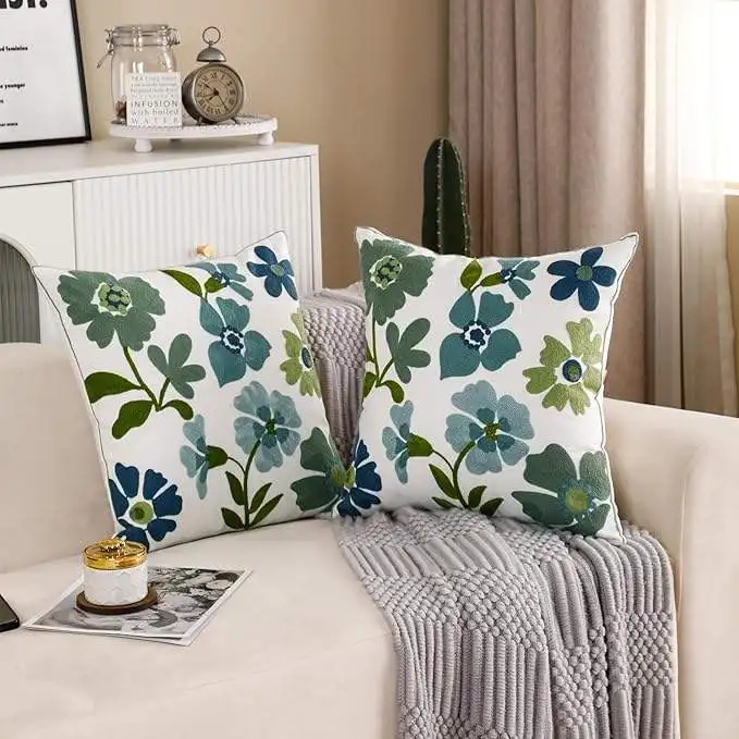 Blumenhandtuch bestickter Kissenbezug, quadratisches Netz, beliebter nordischer Stil, reine Baumwolle, Kissenbezug für Wohnzimmer, Sofa, Kissenbezüge – Detail 3