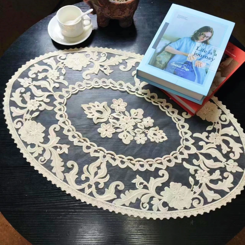 Chinese classic oval embroidered small round tablecloth kitchen coffee bar tea set fruit tray table mat wedding party decoration