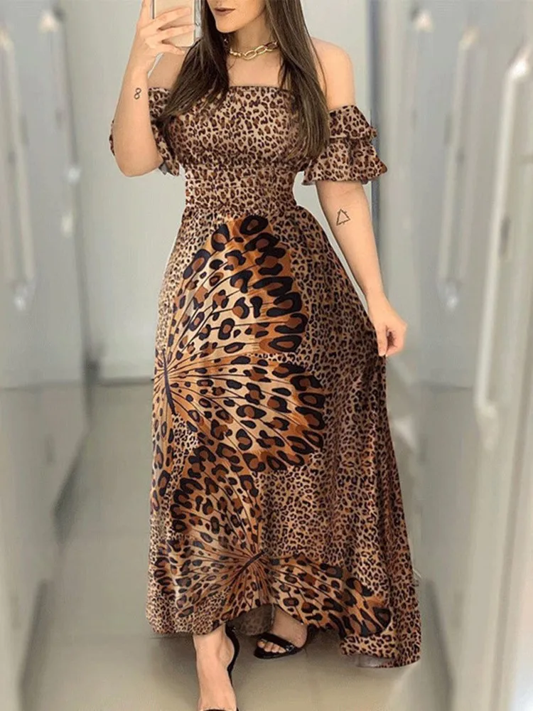 Boho léopard longue robe femmes Sexy épaules nues Slash cou à volants manches robe d'été dame marron élégant mince Maxi robes de soirée