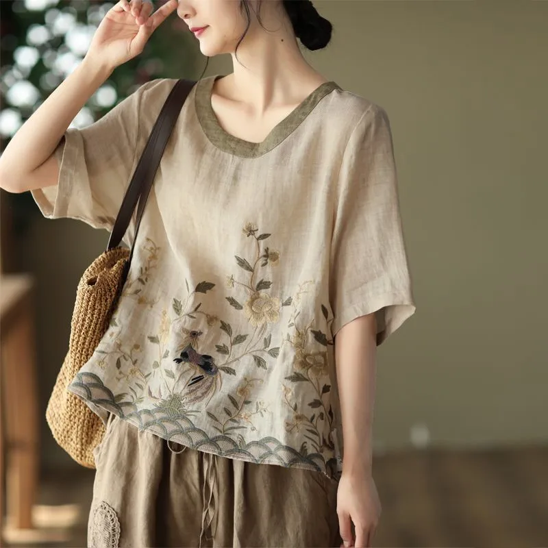 

New Summer Cotton Hemp Top Round Neck Vintage Embroidery Pregnant Women's Chinese Cotton T-shirt Shirt Thin Maternity Top LF092