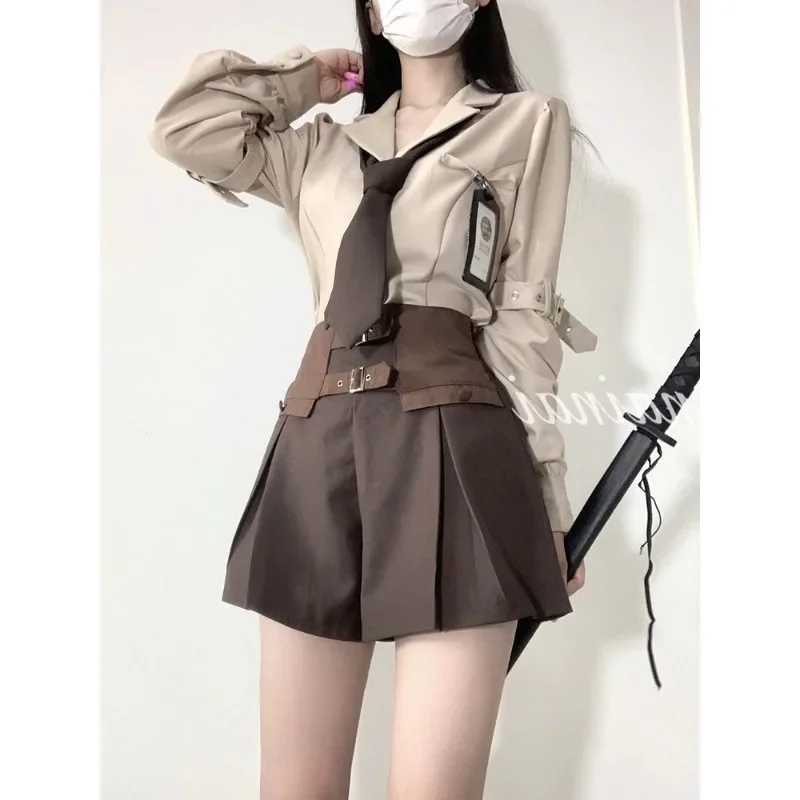 

Рубашка с воротником 2025 года, H-образная плиссированная рубашка с высокой талией, коричневые шорты, женский костюм из двух предметов в стиле ретро, осенний новый костюм в студенческом стиле