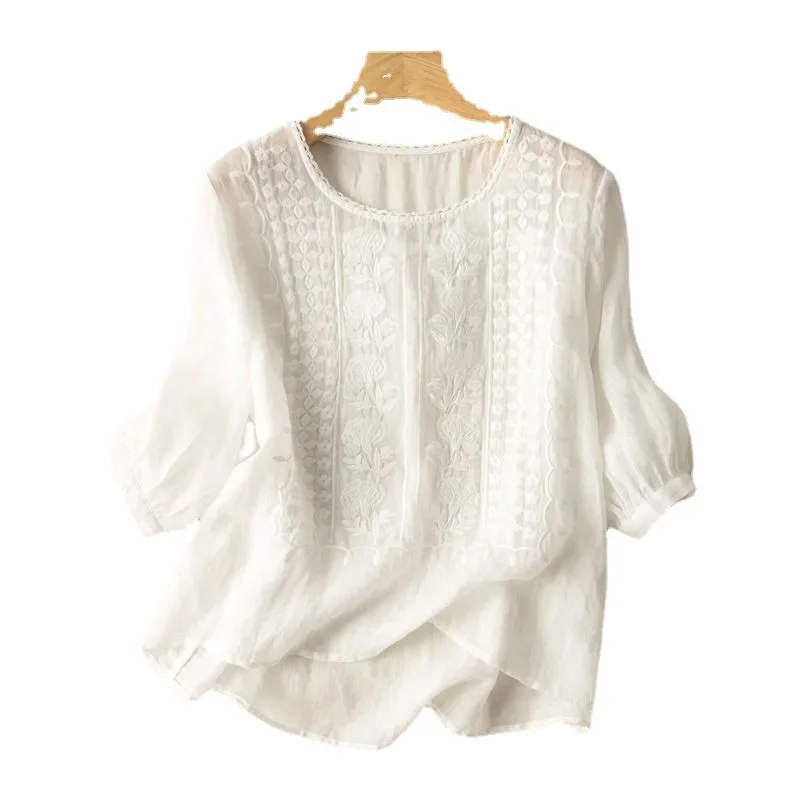 2023 Vintage Shirts Sommer Spitze Häkeln Bluse Frauen 3/4 O Neck Sleeve Tops Stickerei Blusas Femme Kausalen Baumwolle Chemsie