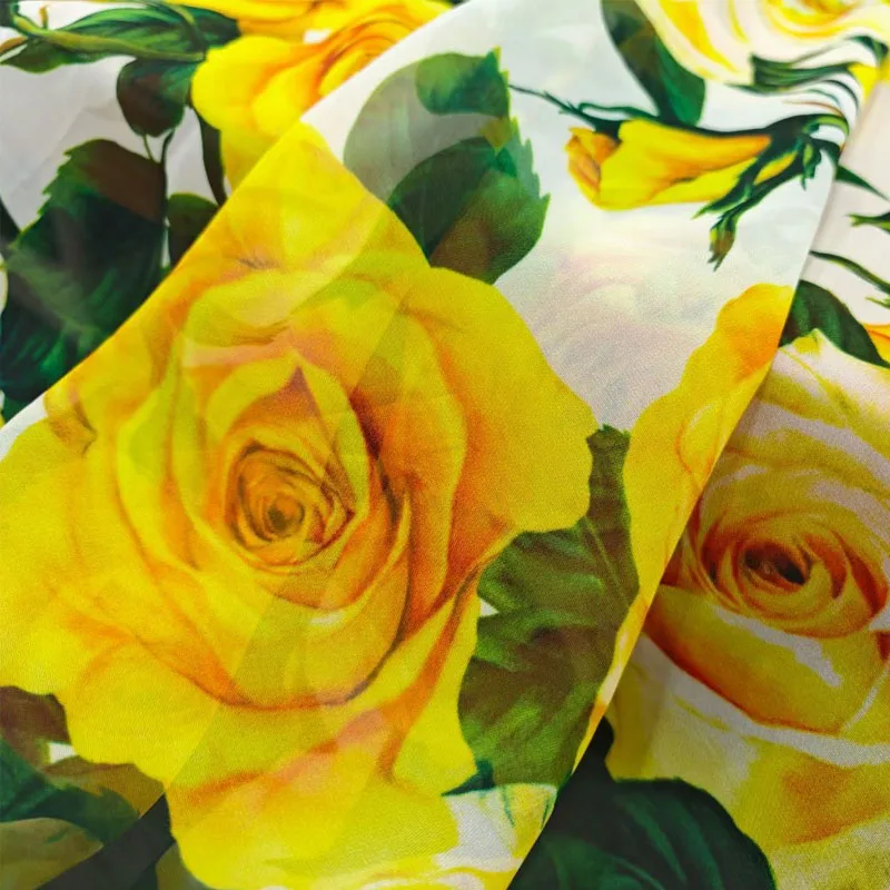 2024 Europe and America Yellow Rose Flower  Printed Cotton Or Chiffon Fabric For Women Summer Dress Blouse DIY Cloth Sewing