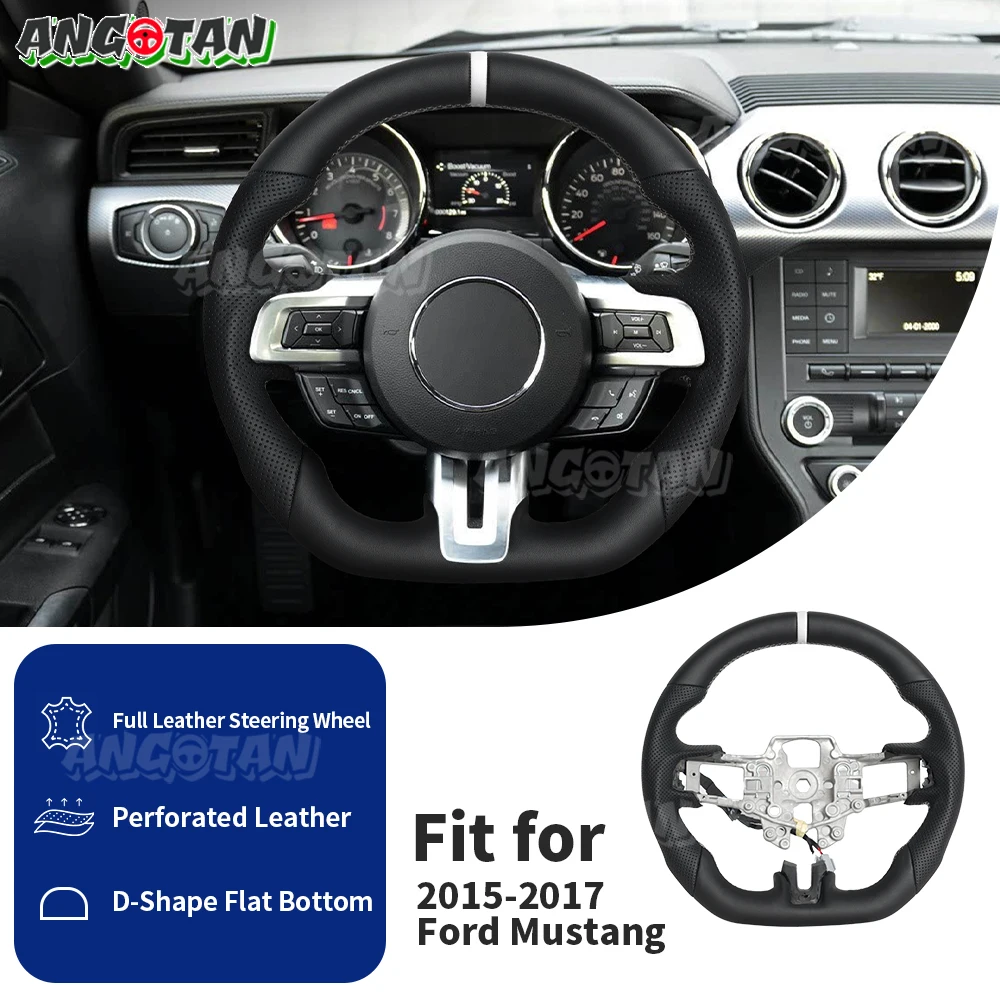 

Leather Steering Wheel For Ford Mustang 2015-2017 GT GT350 GT500 Racing Steering Wheel White Stitching Perforated Leather