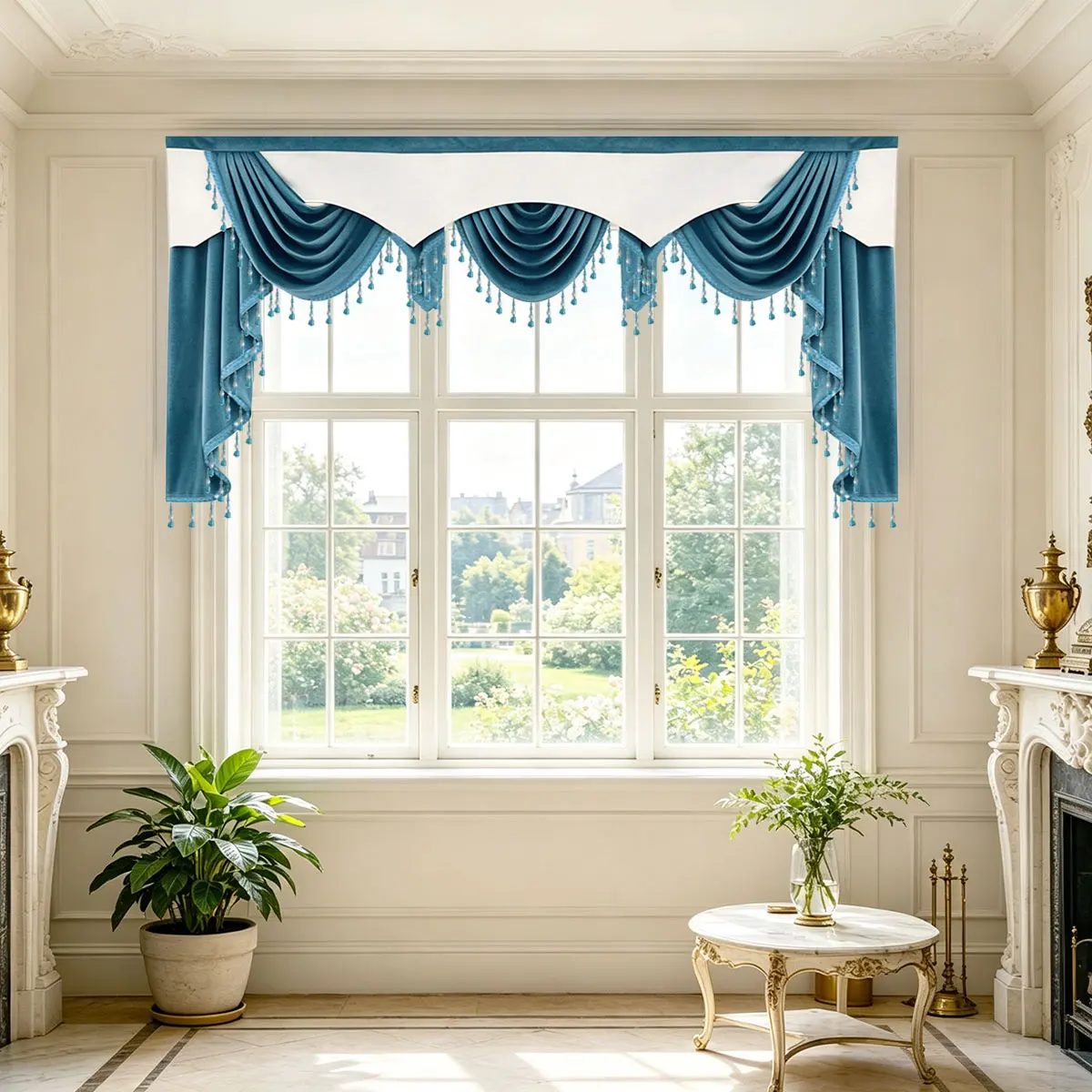 Two-Tone White Teal Velvet Swag Valance with Bead Tassels & Side Panels, Luxury European Decor Window Header for Living Bedroom