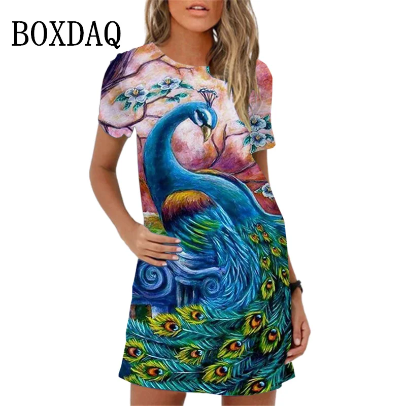 Elegant Summer Women Dress Fashion Peacock Pattern Print Short Sleeve Dress Beach Party Casual Loose Mini A-line Dress Vestidos