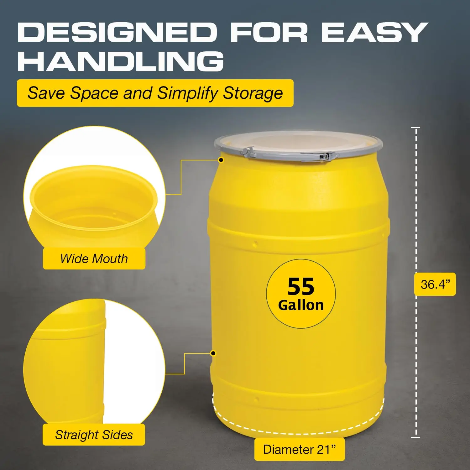 Plastic Drum, 55 Gallon Drum, DOT Compliant, Made in USA, Yellow