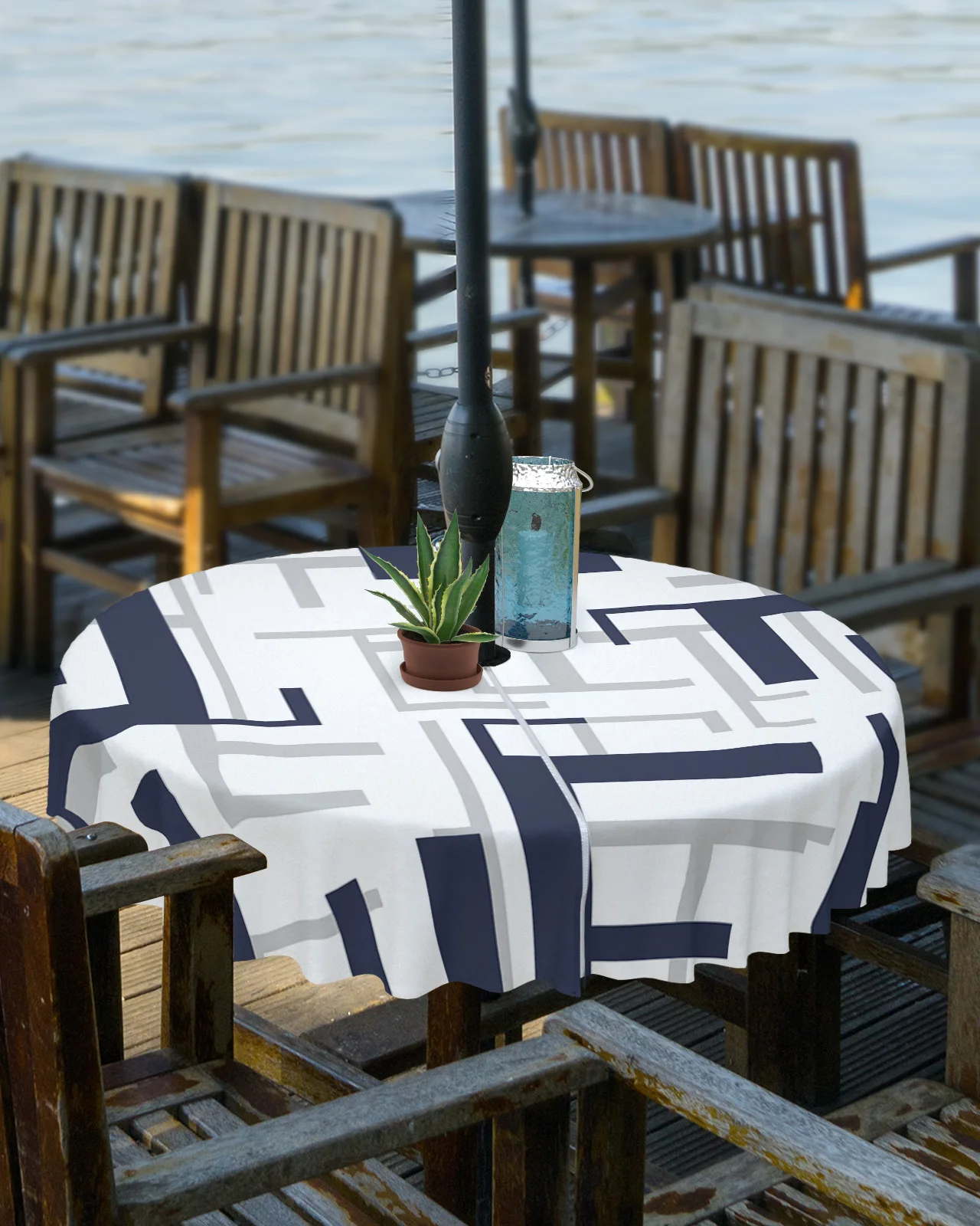 Modern Art Geometric Blue Grey White Outdoor Tablecloth with Umbrella Hole Zippered Waterproof Picnic Patio Round Table Cover