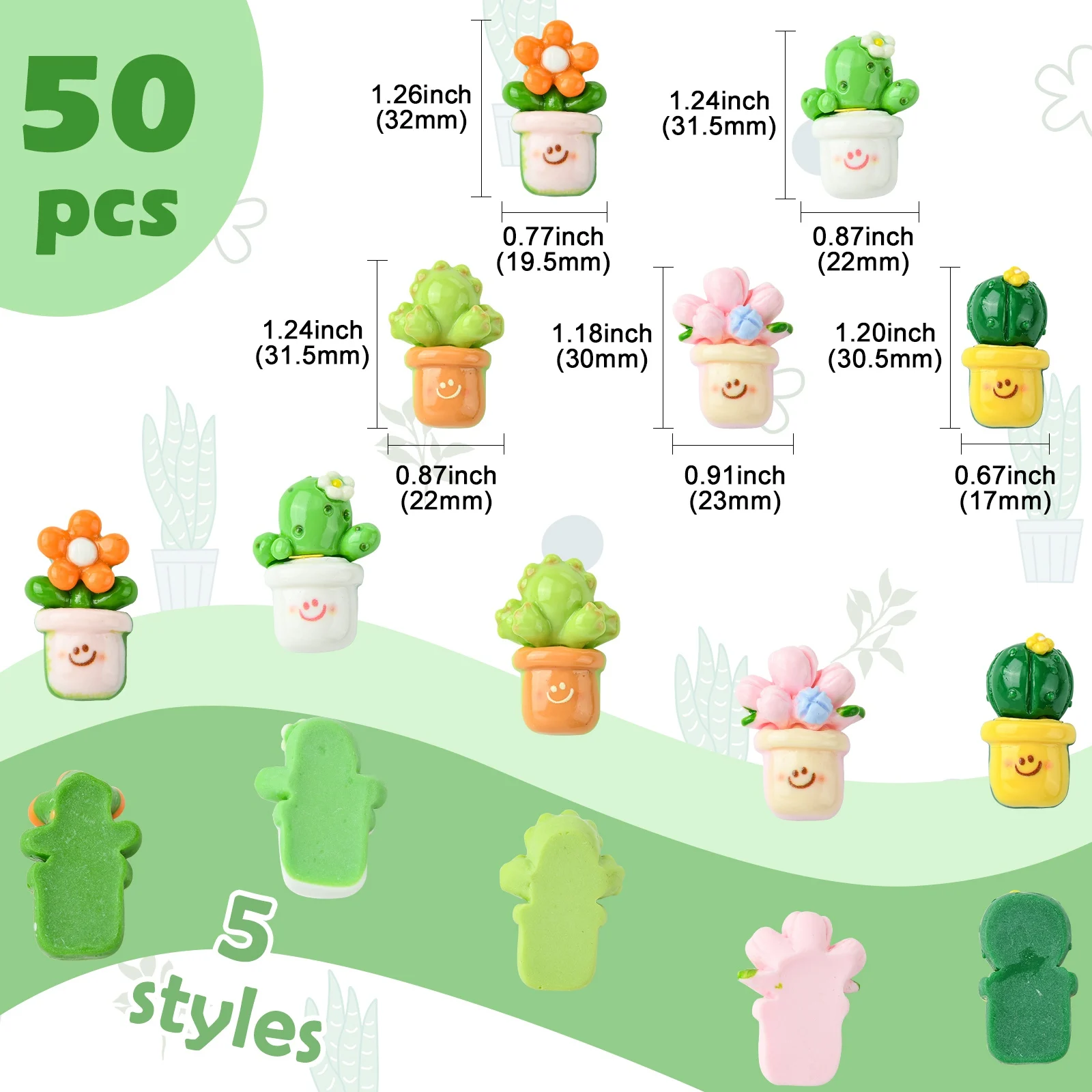 Pandahall 50Pcs 5 Styles Resin Summer Cabochons Colorful Flower Cactus Succulent Plant Potted No Hole Beads for Jewelry Making