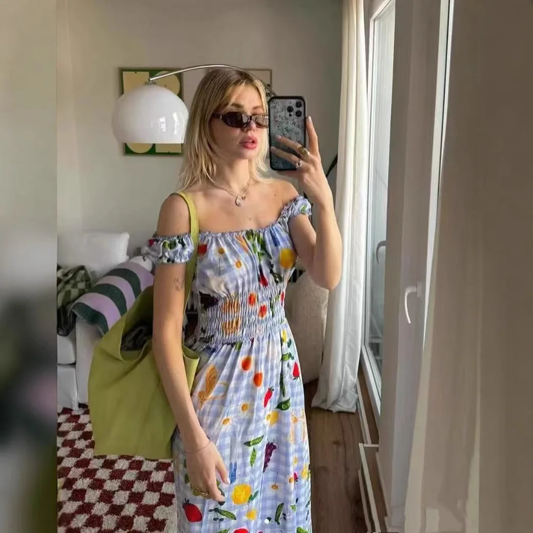 

Cute Food Print Pleated Waist Slim round Ne Vest Dr Women's High Waist Cotton Spring Summer New Sle A-Line Dr