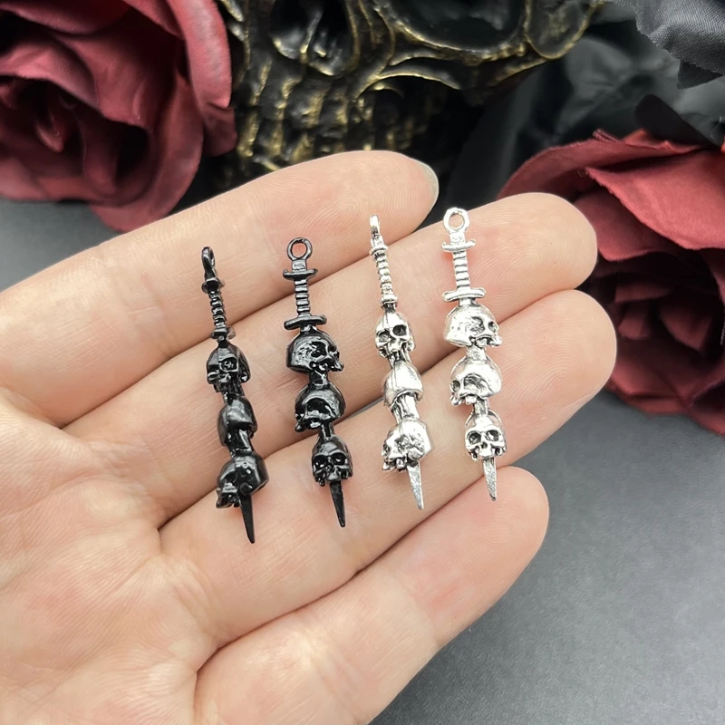 5pcs Dark gothic punk red and black The Sword Pass Through Skulls Pendant Designer Gun-black Fit  Making DIY Jewelry Findings