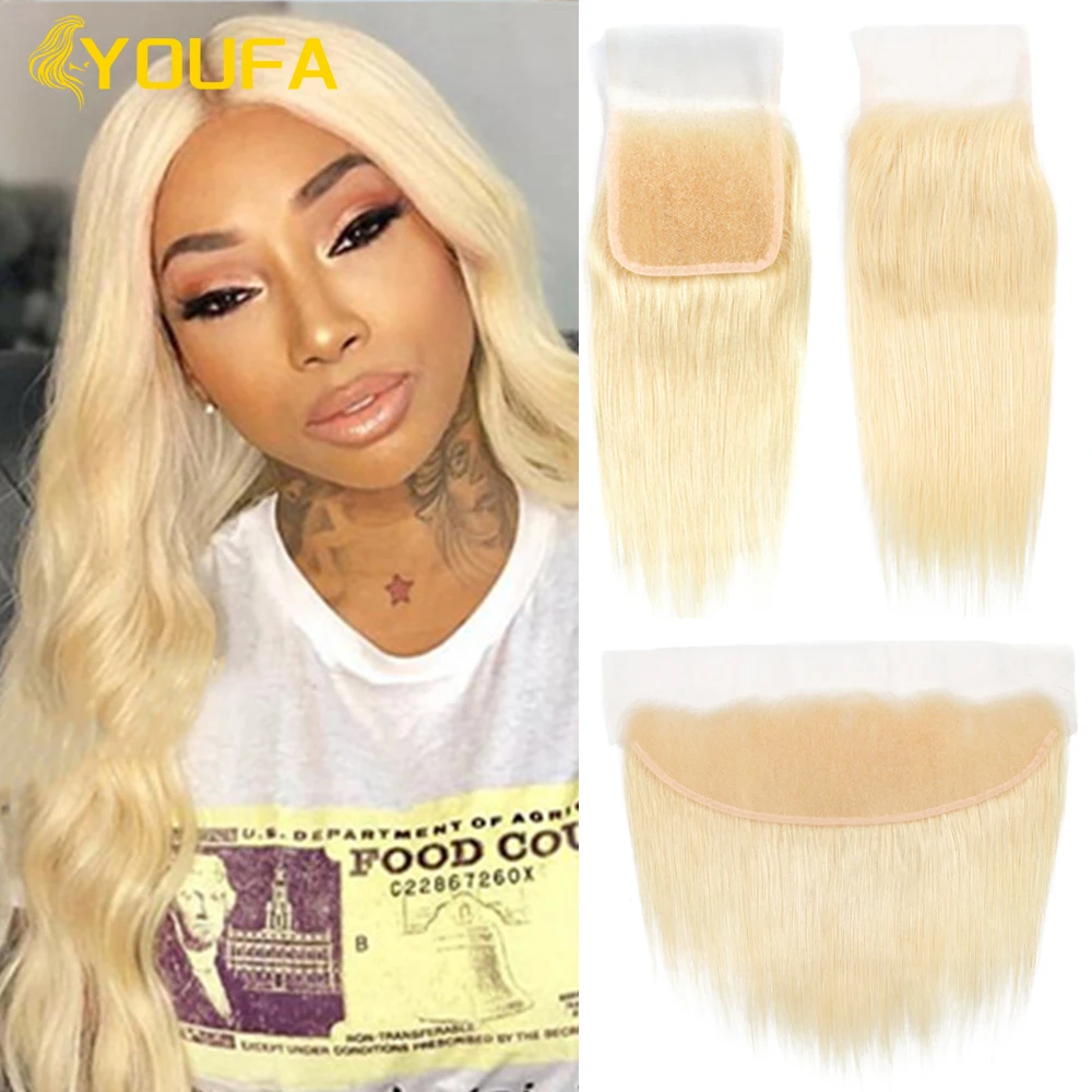 YOUFA 613 Blonde Lace Closure Frontal Pre Plucked Brazilian Bone Straight Human Hair 4x4 13x4 Swiss Lace Closures Baby Hair