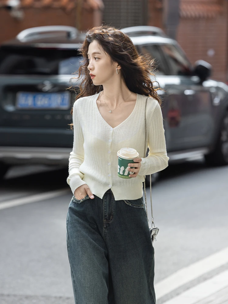 

Мягкий вязаный свитер с V-образным вырезом и одной пуговицей, женский, модный, в корейском стиле, для повседневной носки, приталенный, с длинными рукавами, однотонный