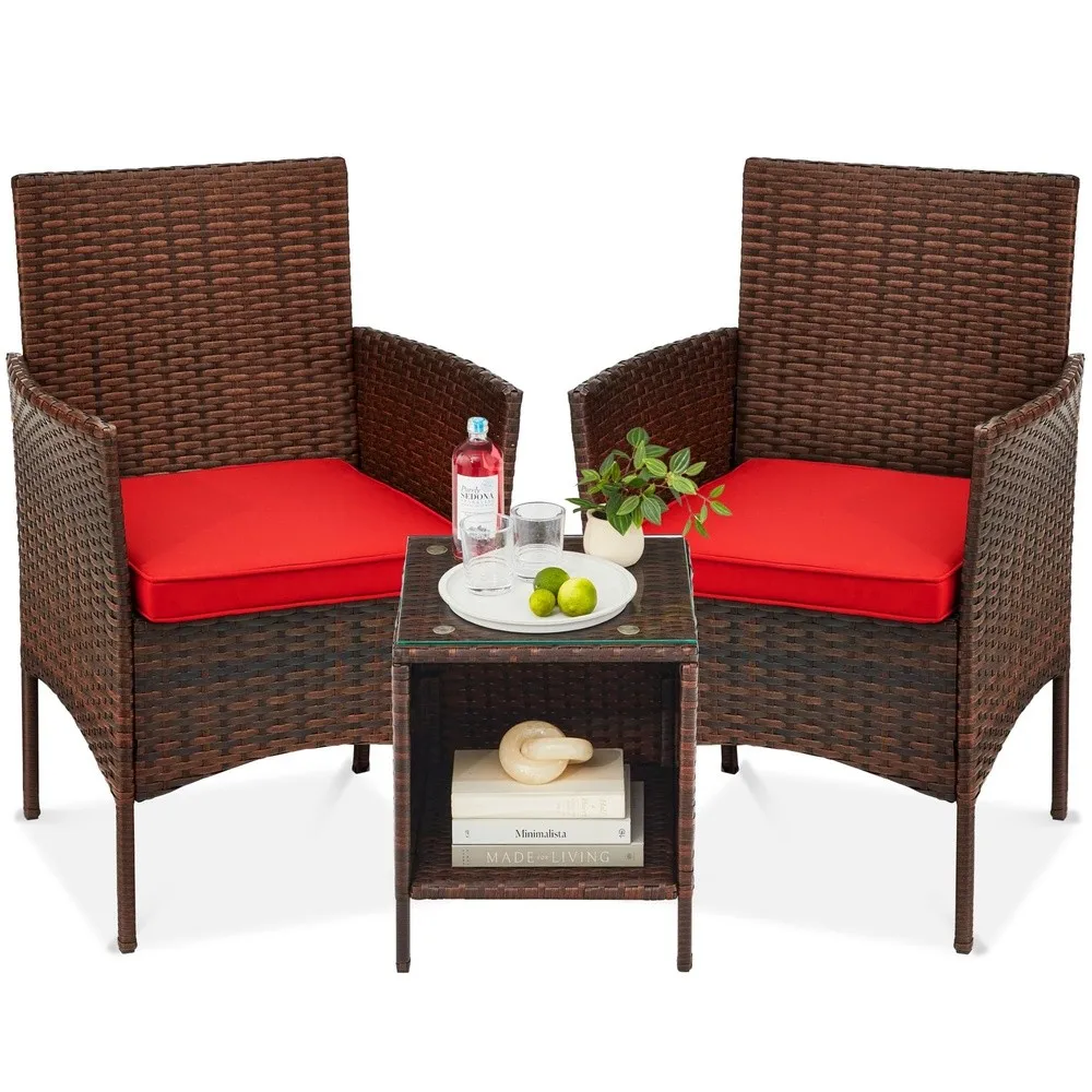 3 Piece Outdoor Wicker Conversation Bistro Set Space Saving Patio Furniture for Garden w/Side Table Brown/Red