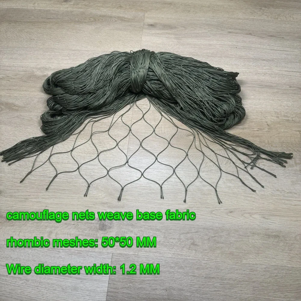 

Military camouflage net weaving base, nodes, polyester. The size is 3x6m. Thread 1.2 mm, diamond hole 50 x 50 mm Strands Traw